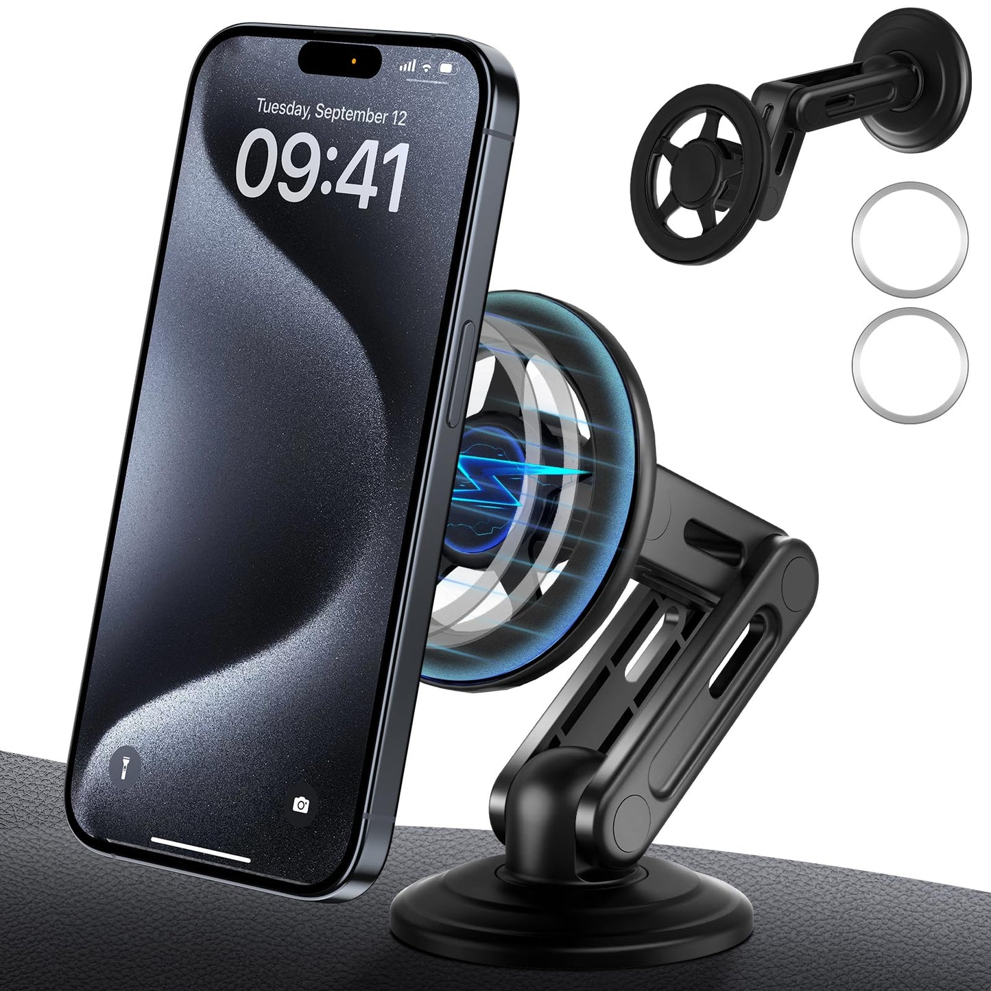 All-Metal MagSafe Dashboard Car Phone Mount — 20 Magnets, 360°, Fits iPhone 12–15